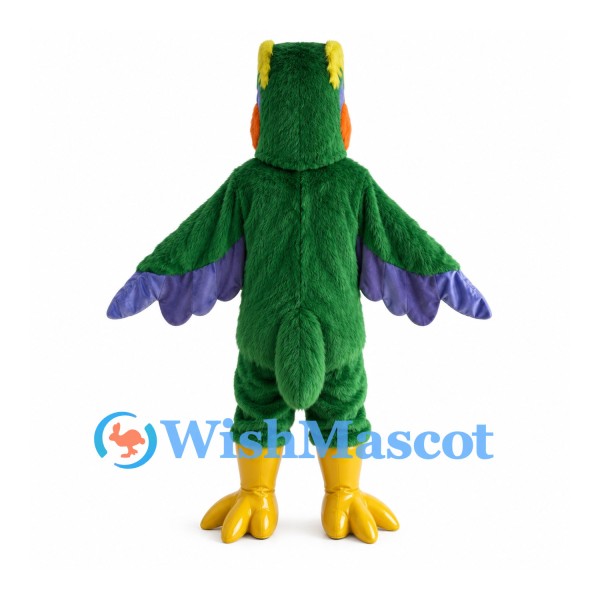 Green Parrot Mascot Costume with Yellow Belly and Purple Wing Tips