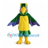 Green Parrot Mascot Costume with Yellow Belly and Purple Wing Tips