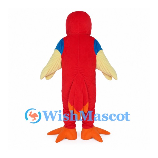 Red Macaw Mascot Costume with Cream Wings and Orange Feet