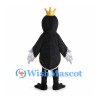 Black Bird Mascot Costume with Gold Crown and Cream Belly