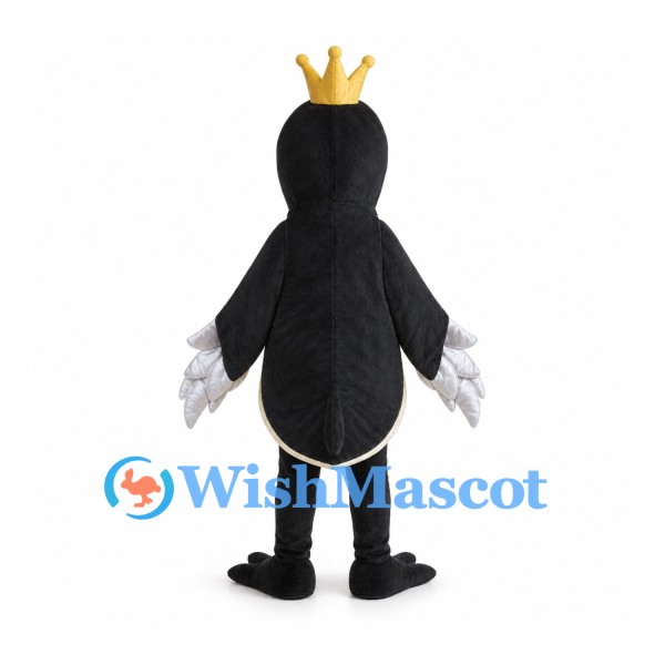Black Bird Mascot Costume with Gold Crown and Cream Belly