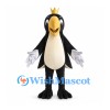 Black Bird Mascot Costume with Gold Crown and Cream Belly