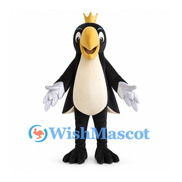 Black Bird Mascot Costume with Gold Crown and Cream Belly