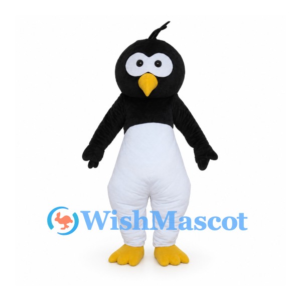 Penguin Mascot Costume with White Belly and Single Black Head Tuft