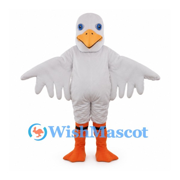 White Goose Mascot Costume with Spread Wings and Orange Feet