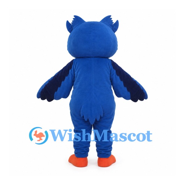 Blue Owl Mascot Costume with Cream Chest and Orange Feet