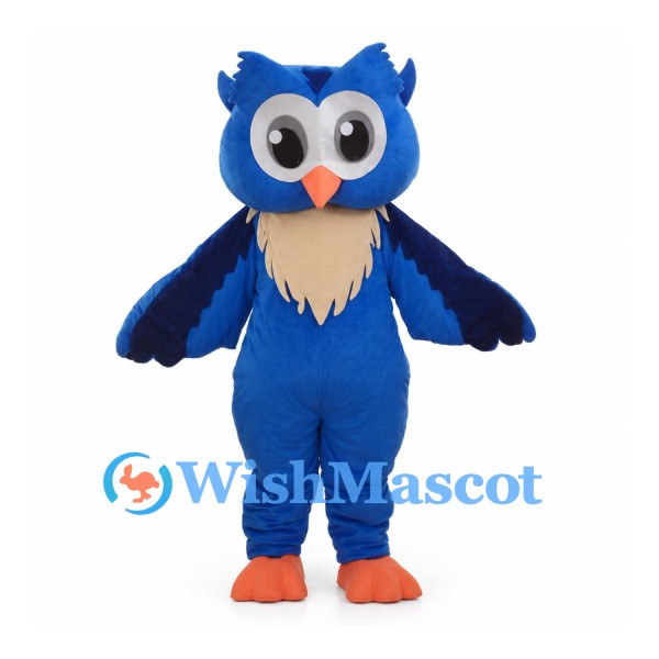 Blue Owl Mascot Costume with Cream Chest and Orange Feet