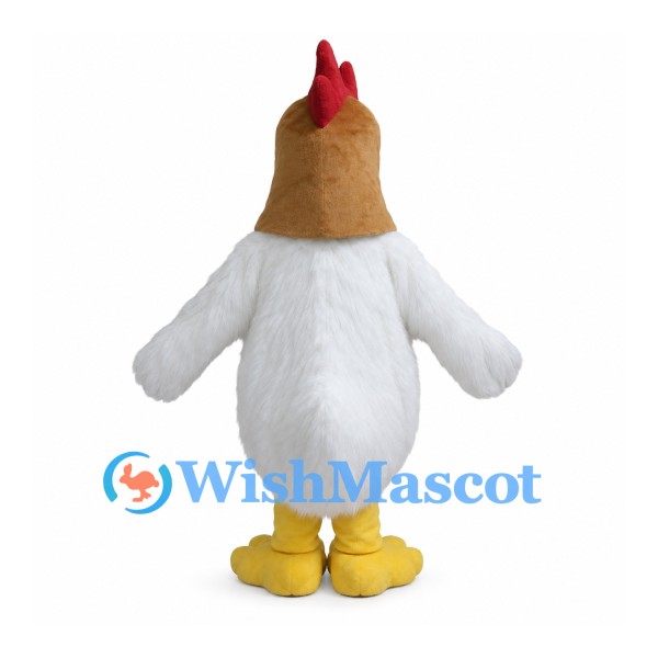 White Rooster Mascot Costume with Brown Neck and Red Comb