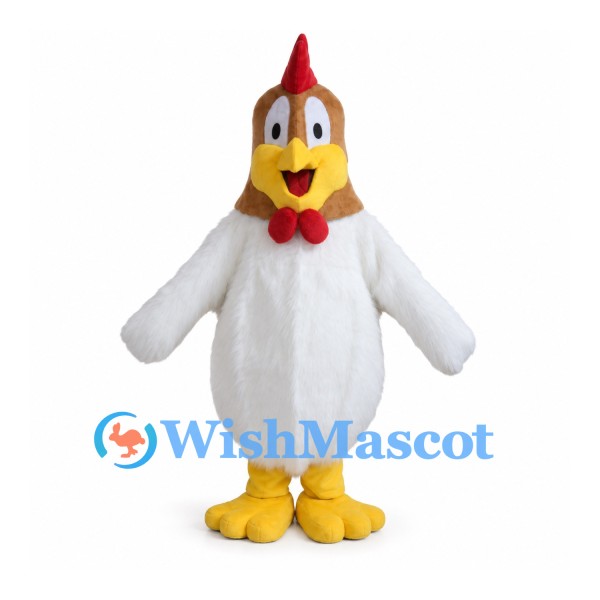 White Rooster Mascot Costume with Brown Neck and Red Comb