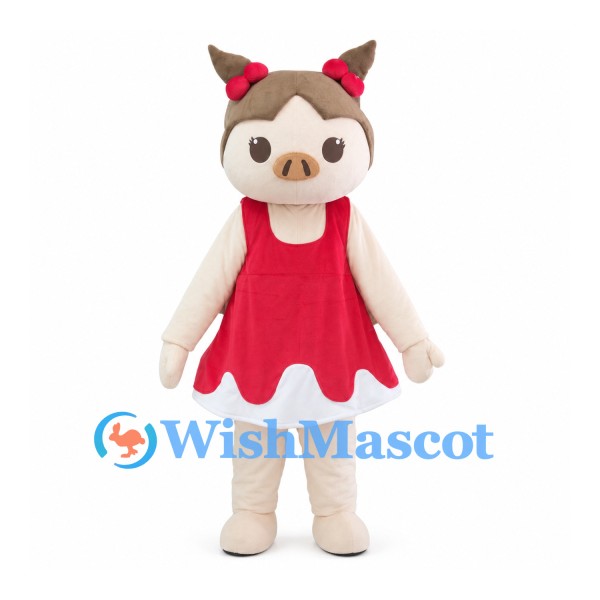 Pig Girl Mascot Costume with Brown Pigtails and Red Dress