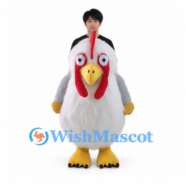 Ride On Chicken Mascot Costume with White Feathered Body and Red Comb
