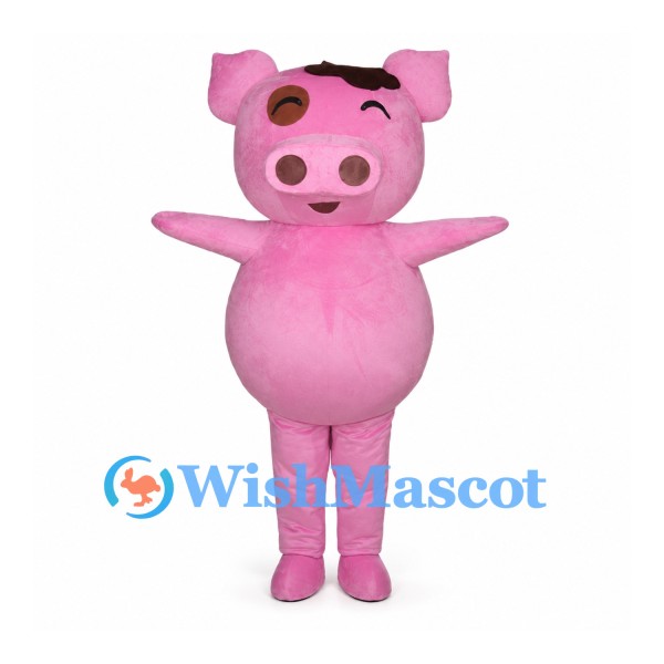 Pink Pig Mascot Costume with Round Belly and Smiling Eyes