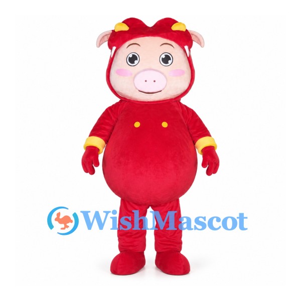 Pig Character Mascot Costume with Red Hood and Yellow Buttons