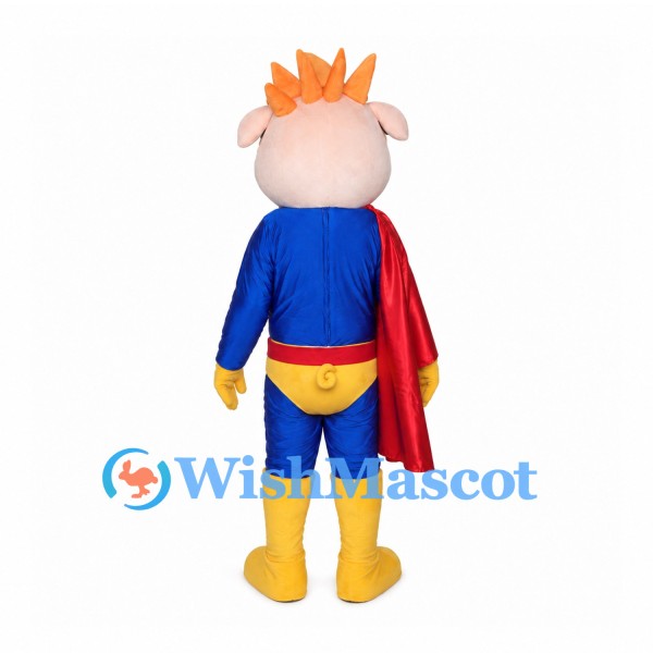 Superhero Pig Mascot Costume with Blue Suit and Red Cape