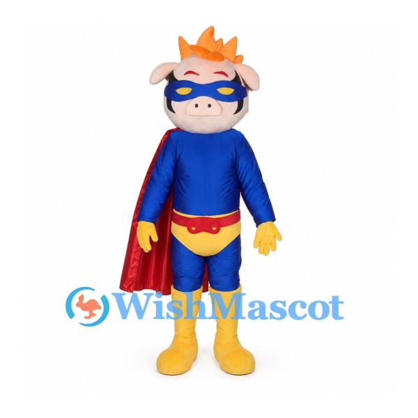 Superhero Pig Mascot Costume with Blue Suit and Red Cape