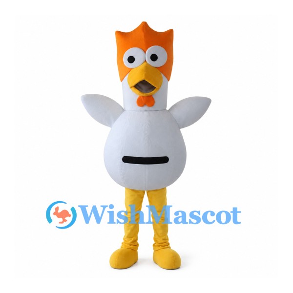 White Chicken Mascot Costume with Tall Orange Comb and Round Belly