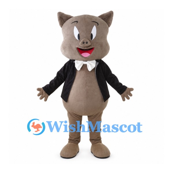 Pig Mascot Costume in Taupe with Black Jacket and White Bow Tie