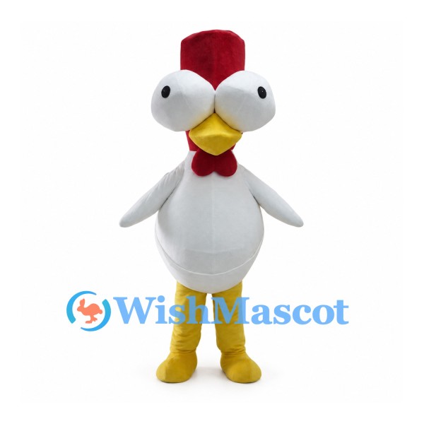 White Rooster Mascot Costume with Large Eyes and Tall Red Comb