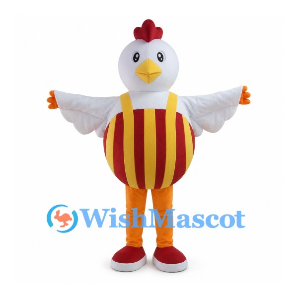 Chicken Mascot Costume with Red and Yellow Striped Belly