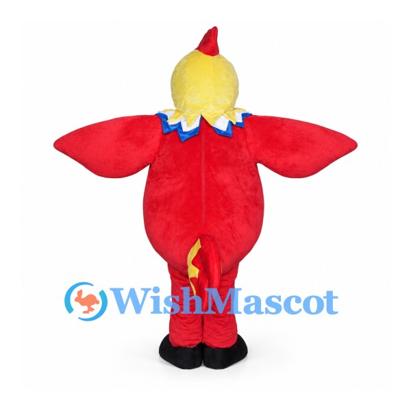 Red Rooster Mascot Costume with Yellow Head and Blue Neck Trim