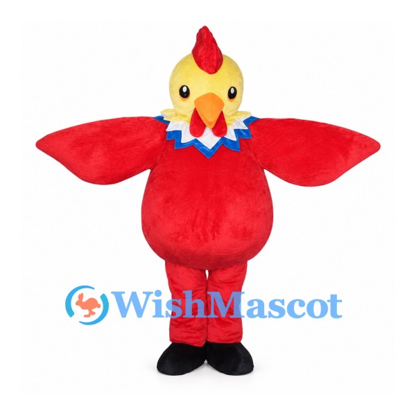 Red Rooster Mascot Costume with Yellow Head and Blue Neck Trim