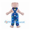 Pig Mascot Costume with Blue Patterned Overalls and Multicolor Bow Tie