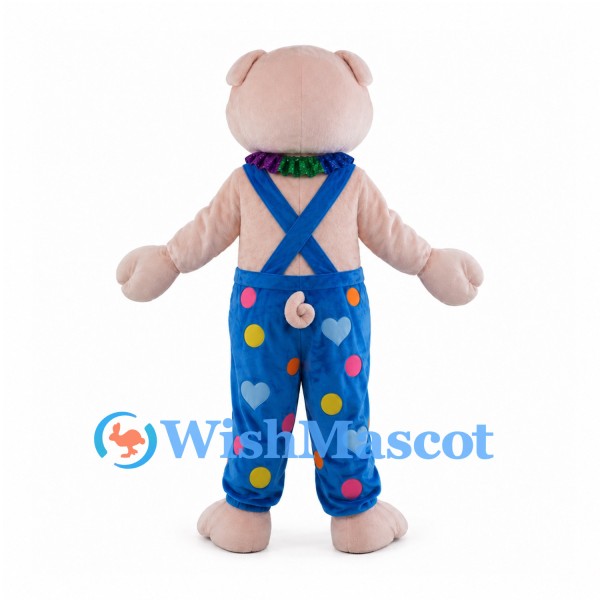 Pig Mascot Costume with Blue Patterned Overalls and Multicolor Bow Tie