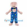 Pig Mascot Costume with Blue Patterned Overalls and Multicolor Bow Tie