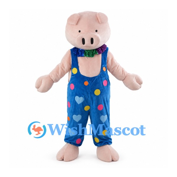 Pig Mascot Costume with Blue Patterned Overalls and Multicolor Bow Tie