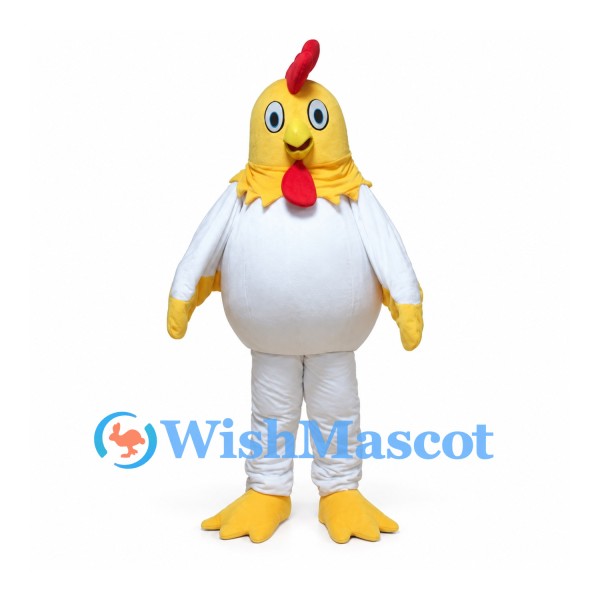 White Rooster Mascot Costume with Yellow Head and Red Tail