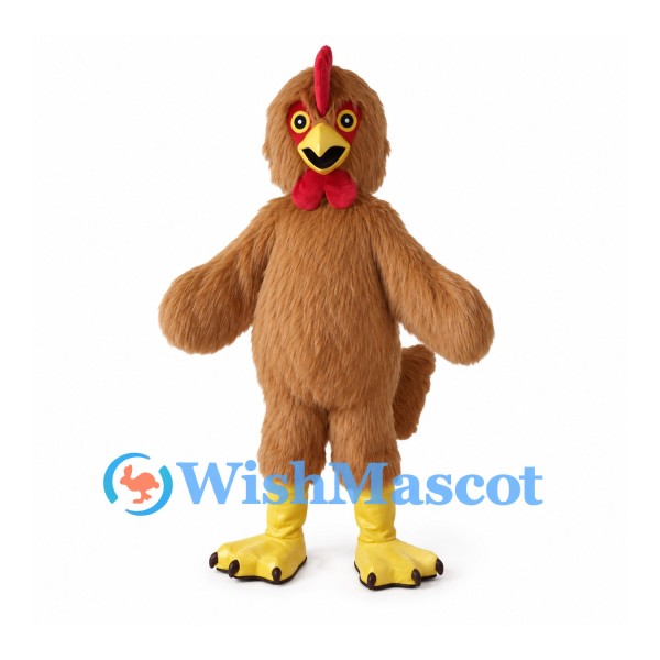 Brown Rooster Mascot Costume with Shaggy Feathers and Yellow Feet