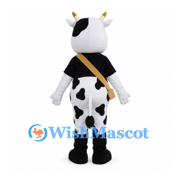Cow Mascot Costume with Black Spots and Tan Crossbody Bag