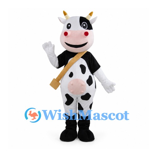 Cow Mascot Costume with Black Spots and Tan Crossbody Bag