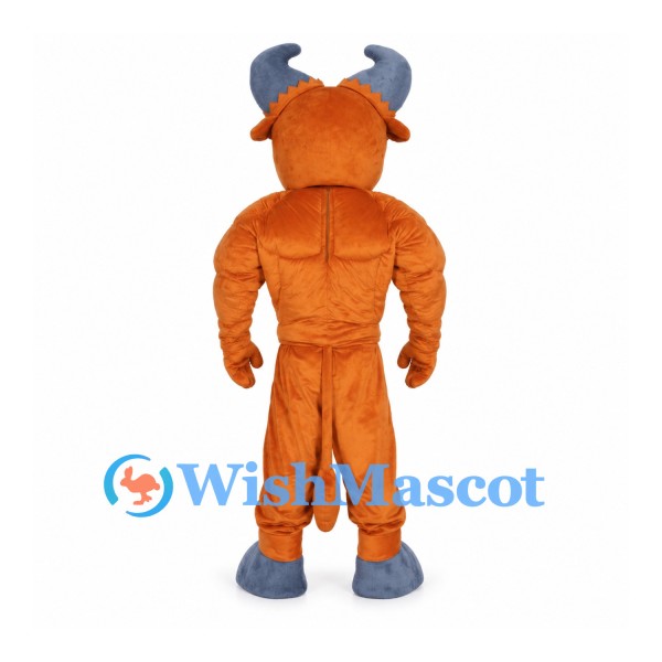 Orange Bull Mascot Costume with Muscular Body and Gray Horns