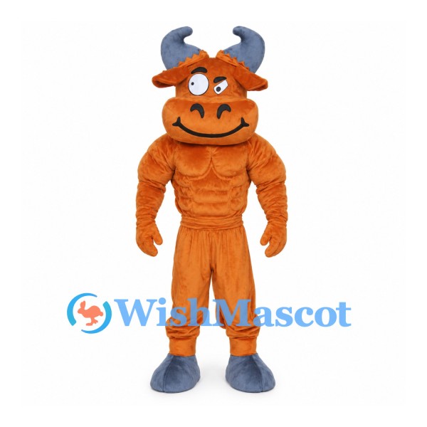 Orange Bull Mascot Costume with Muscular Body and Gray Horns
