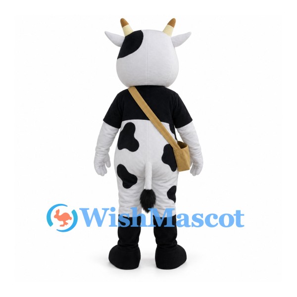 Cow Mascot Costume in Black and White with Tan Shoulder Satchel