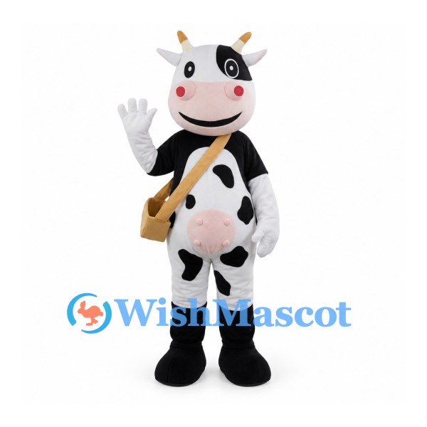 Cow Mascot Costume in Black and White with Tan Shoulder Satchel