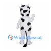 White Cow Mascot Costume with Black Spots and Smiling Eyes