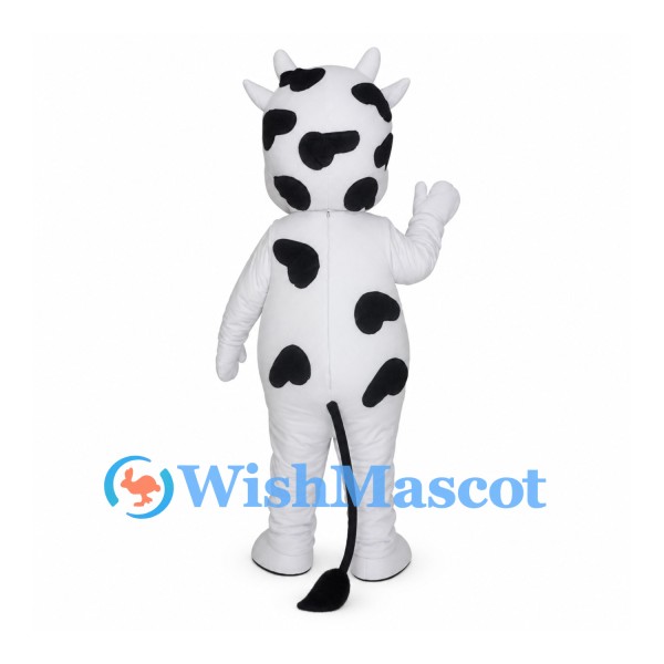 White Cow Mascot Costume with Black Spots and Smiling Eyes