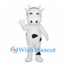 White Cow Mascot Costume with Black Spots and Smiling Eyes