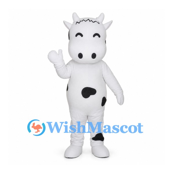 White Cow Mascot Costume with Black Spots and Smiling Eyes