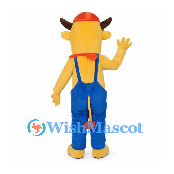 Yellow Bull Mascot Costume with Orange Cap and Blue Overalls