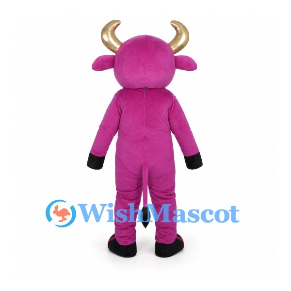 Pink Bull Mascot Costume with Gold Horns and Nose Ring