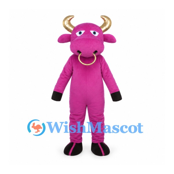 Pink Bull Mascot Costume with Gold Horns and Nose Ring