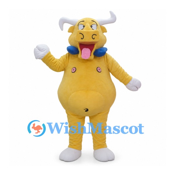 Yellow Bull Mascot Costume with Gray Horns and Blue Collar