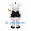 Cow Guitarist Mascot Costume with Black Shirt and Yellow Guitar