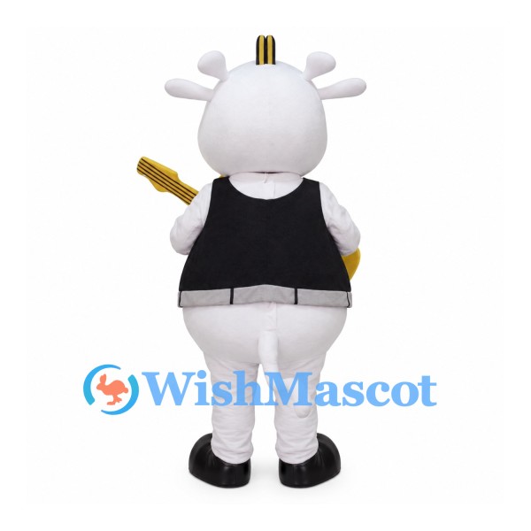 Cow Guitarist Mascot Costume with Black Shirt and Yellow Guitar