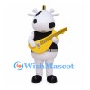 Cow Guitarist Mascot Costume with Black Shirt and Yellow Guitar
