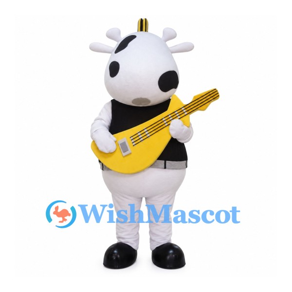Cow Guitarist Mascot Costume with Black Shirt and Yellow Guitar