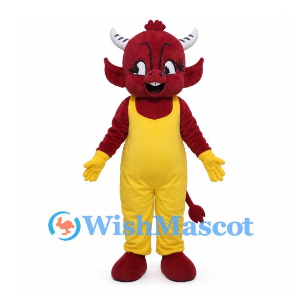 Red Bull Mascot Costume with Yellow Overalls and White Horns